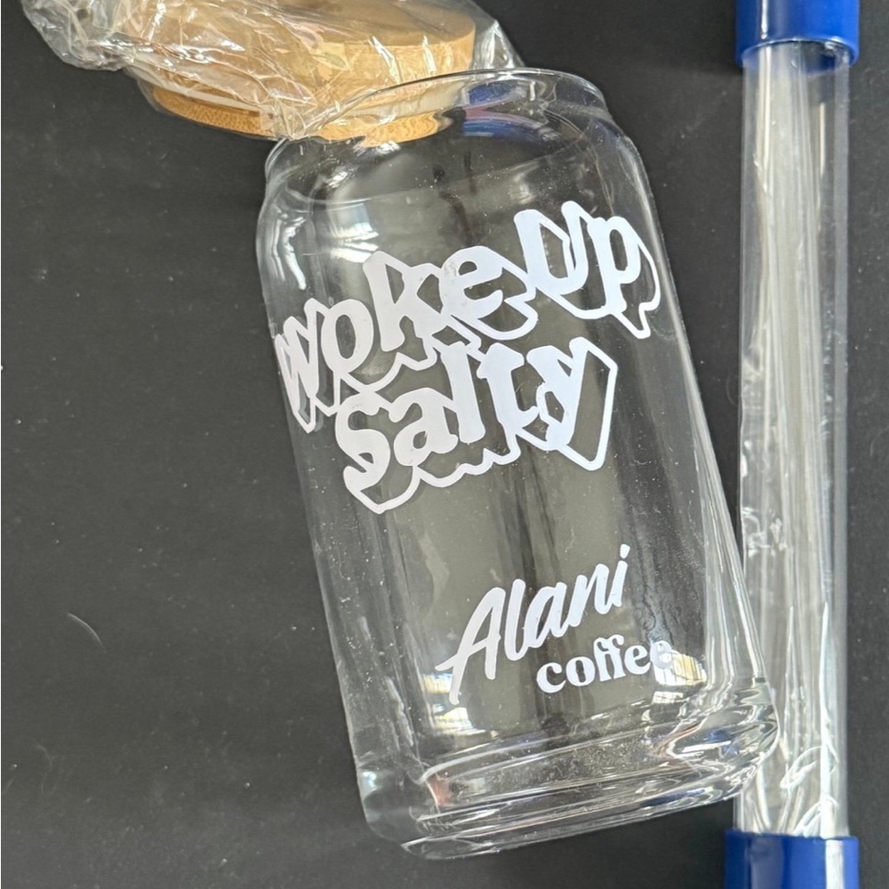 Alani Coffee Glass Jar with Bamboo Lid WOKE UP SALTY - w/ glass straw NEW